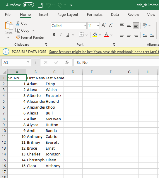TAB delimited file opened in Excel