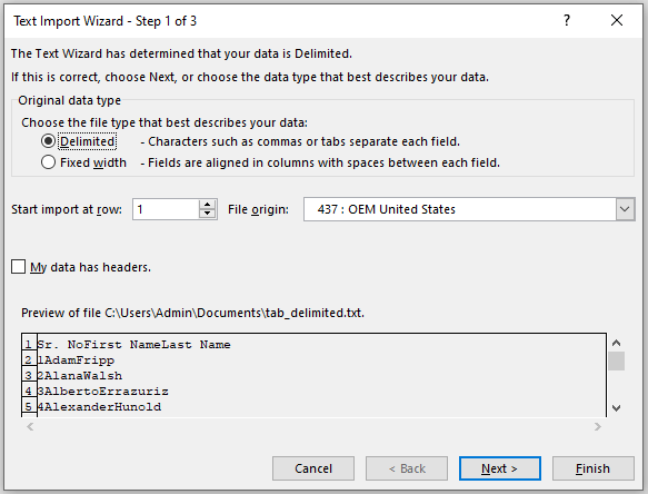 Text import Wizard for Tab Delimited file