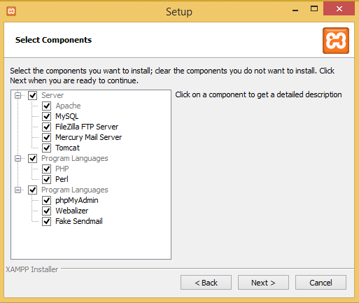 select XAMPP components like Apache, MySQL, PHP, Perl, etc