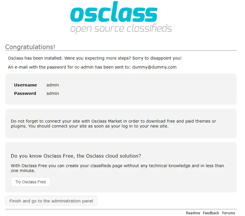 osclass installation completed