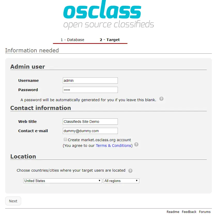 osclass enter target information