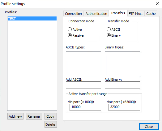 Connection Transfer Settings