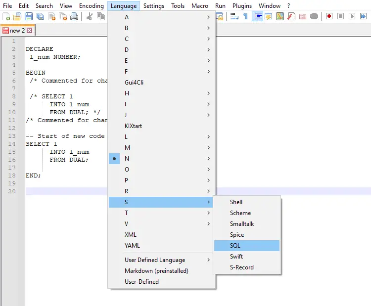 enable sql syntax highlighting in Notepad++