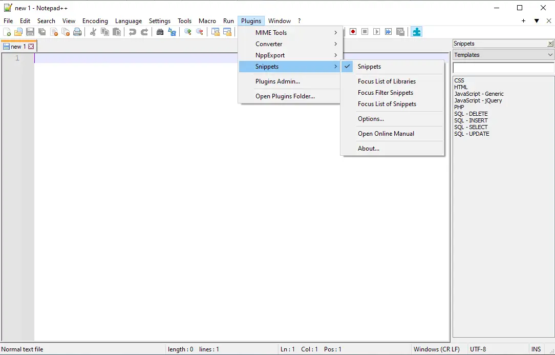 snippets plugin in installed in Notepad++