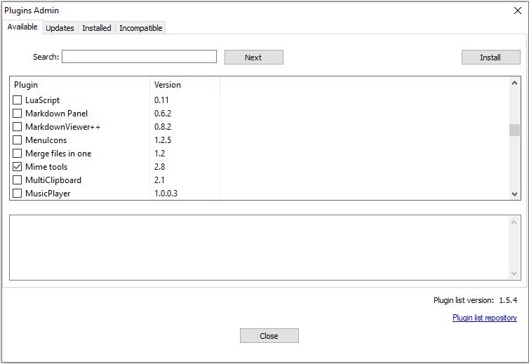 Install MIME Tools Plugin using Plugin Admin in Notepad++